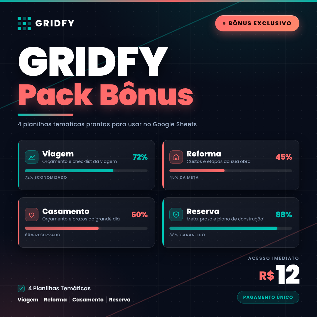 GRIDFY Pack Bônus — 4 planilhas temáticas: Viagem, Reforma, Casamento e Reserva